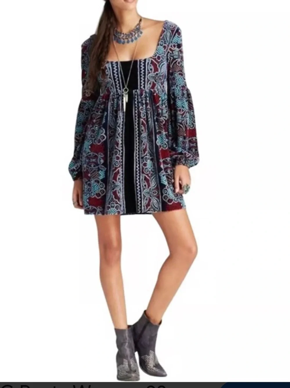 Free People Oh So Easy Velvet Babydoll Dress. Burgundy & Teal Size Large